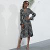Autumn High-Waisted Long-Sleeved Mid-Length Skirt Leopard Print Halterneck Temperament Dress Women'S Clothing