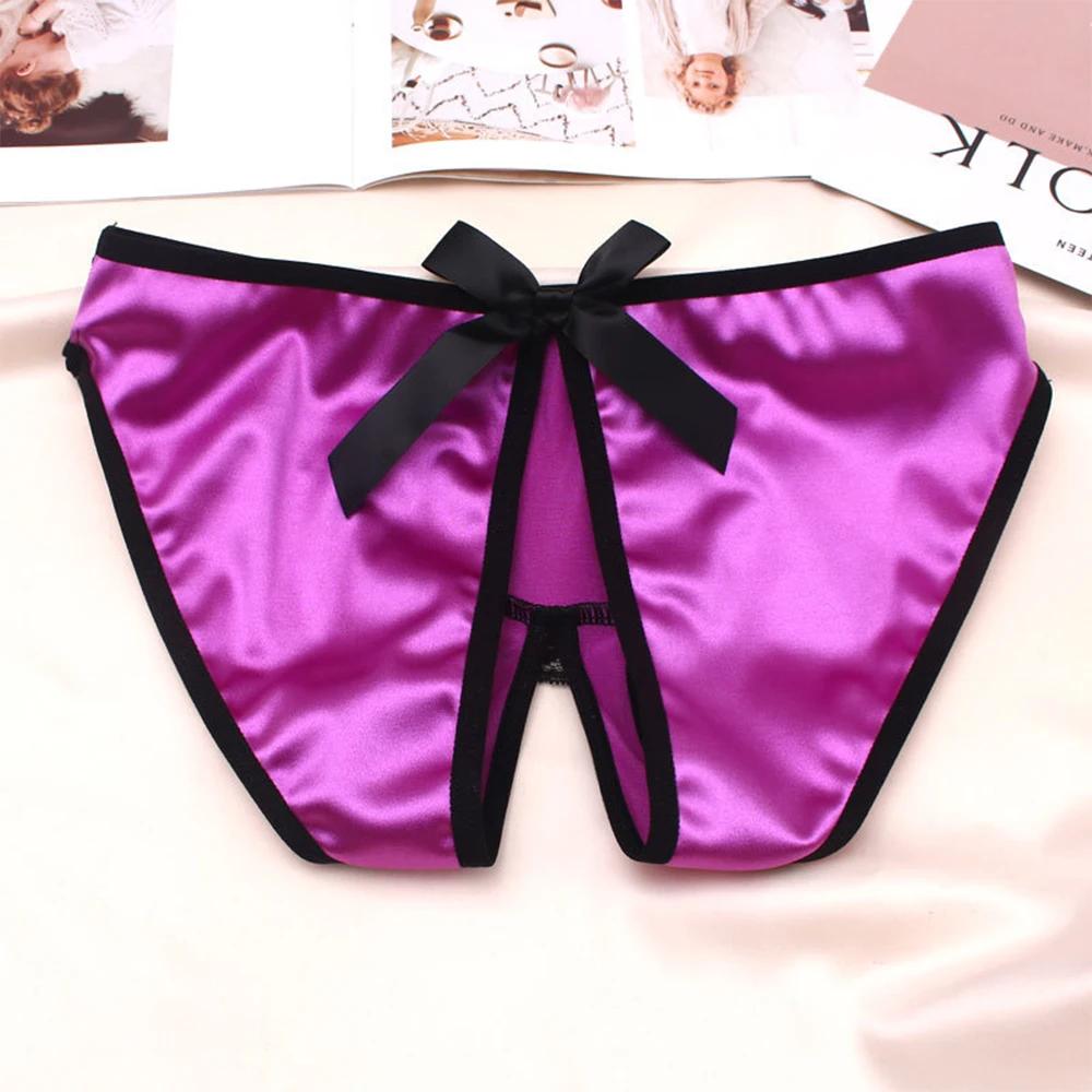 Women Sexy Open Crotch Panties High Quality Luxury Underwear Fashion Bow Silk Satin Underpants Comfortable Crotchless Briefs