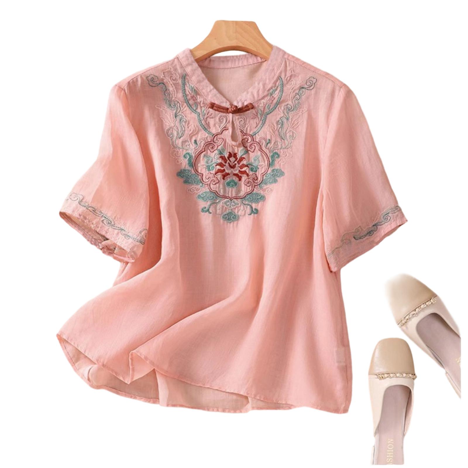 Women s Fashion  Color Loose Casual Round Neck Cotton Linen Top M розовый