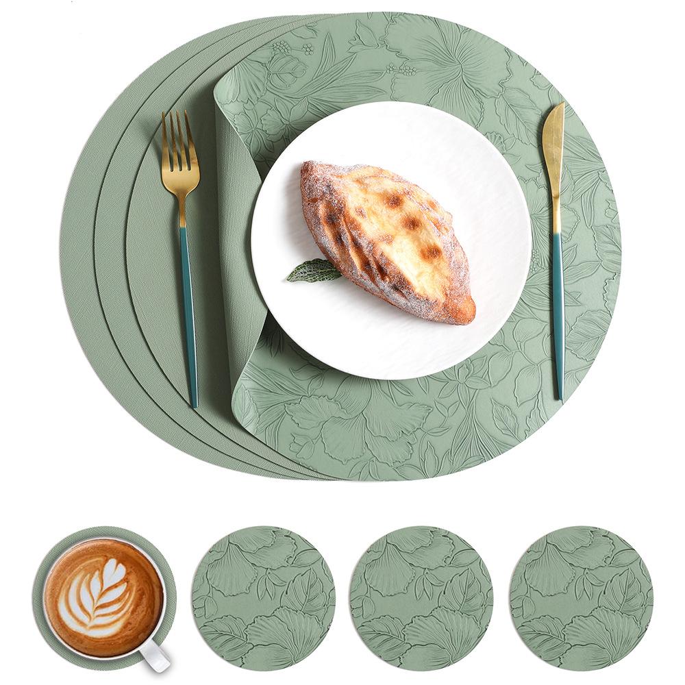 Wind-carved round leather placemat, anti-scalding and heat-insulating mat, waterproof and oil-proof plate mat, tableware mat, coaster