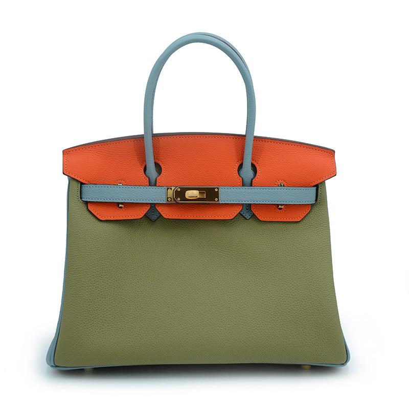 Togo High-end Lychee Pattern, Classic First-layer Cowhide Leather Women's Bag Splicing Handbag Women's Spot