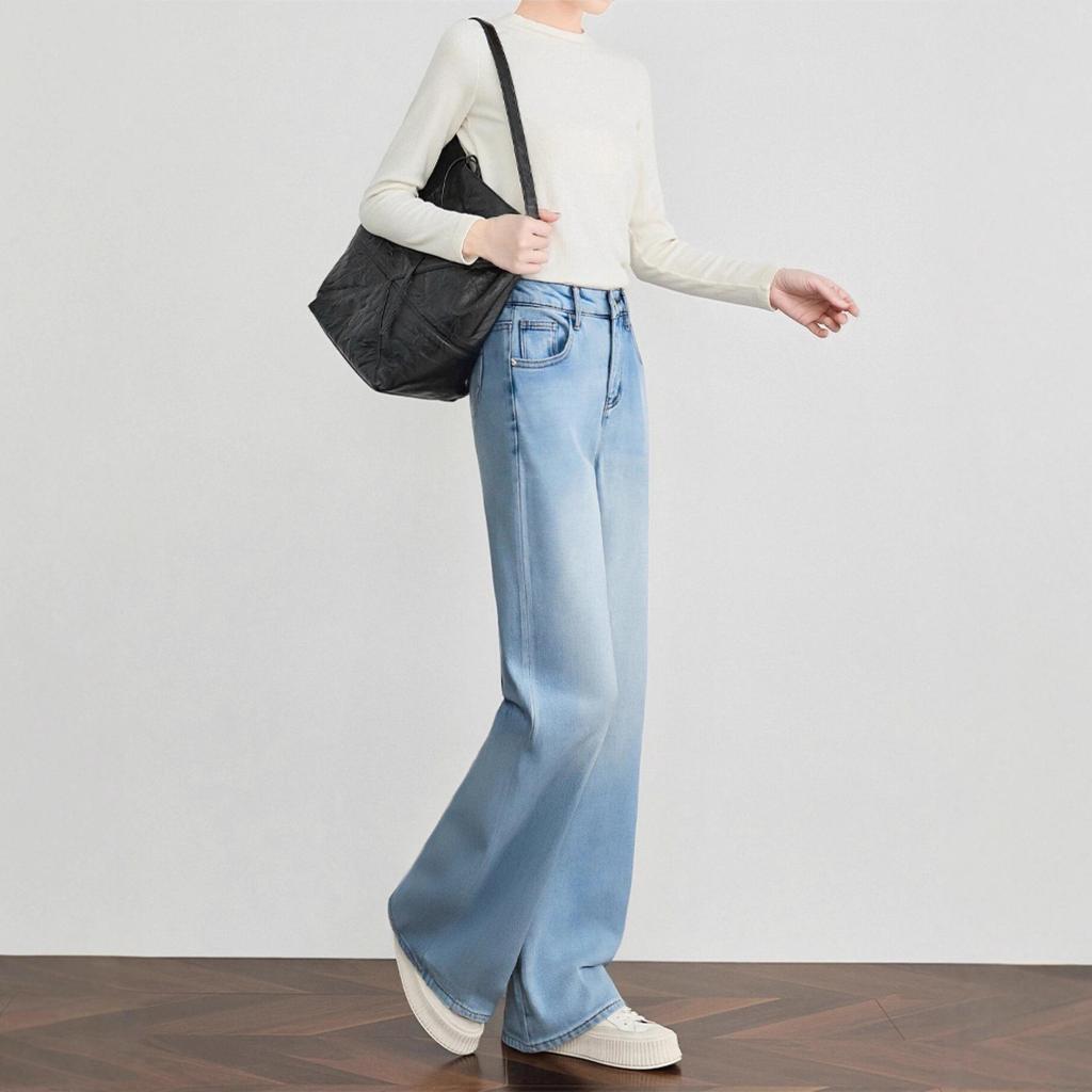 Li Shaonü Women's Fleece-lined Blue High-waisted Wide-leg Jeans - Winter 2026 Collection