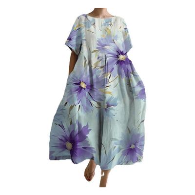 Dámské šaty Volný kulatý výstřih Krátký rukáv Bohémský styl Umělecký květinový potisk Měkké oversized plážové cestovní letní midi šaty