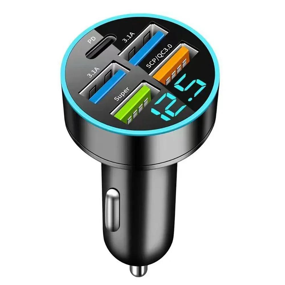 250W Car Charger 4USB QC3.0 PD Type-C Digital Display Car Power Charger 3.1A With Voltage Detection Multi-port Car Power Adapter