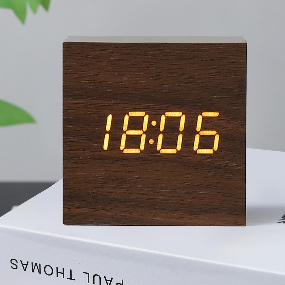 Wood Clock Creative Electronic Clock Square Digital Clock Mini Small Alarm Clock Thermometer Bedside Clock