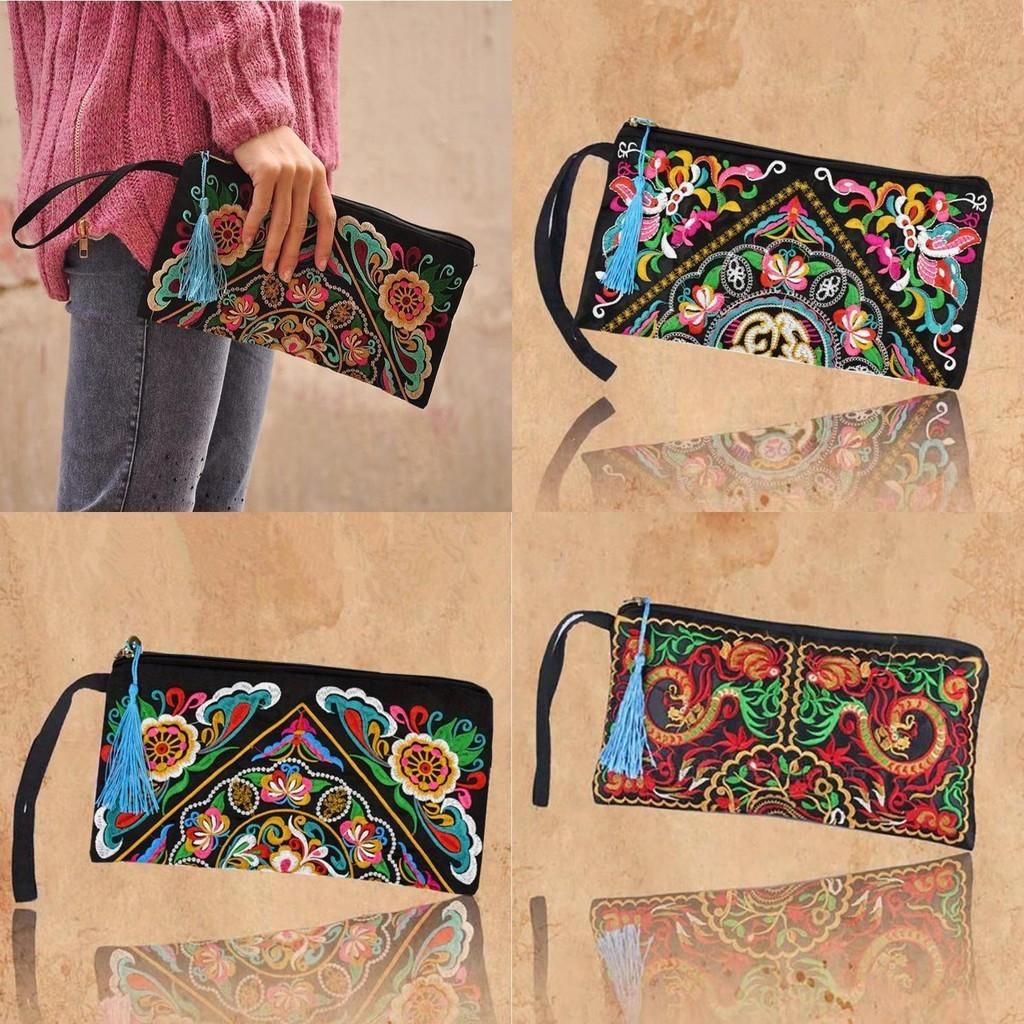 Ethnic Embroidered Long Wallet With Tassel Polyester Fabric Retro Style
