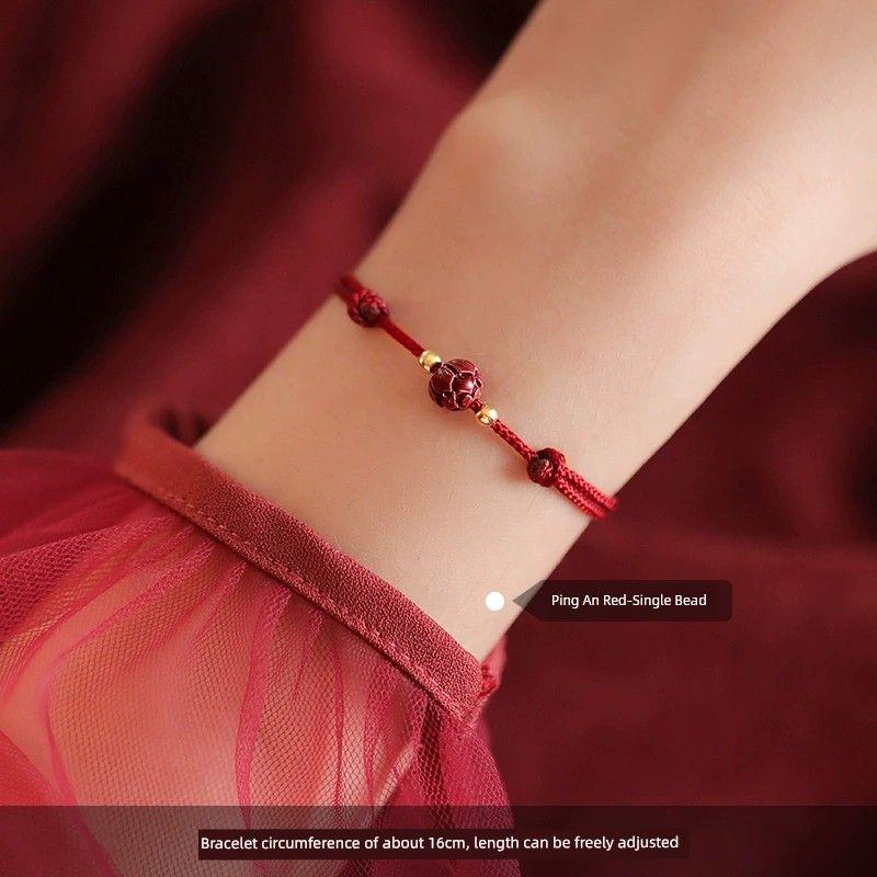 

[Xiangnan] 925 Sterling Silver Cinnabar Lotus Red Rope Bracelet for Women New Year 2023 Best Selling Niche Bracelet 925 Silver Ping An Red Single Bead