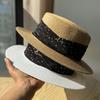 Vintage French-style Polka Dot Flat-top Straw Hat for Women, Summer Seaside Vacation and Outing Flat-brimmed Sunshade Straw Hat