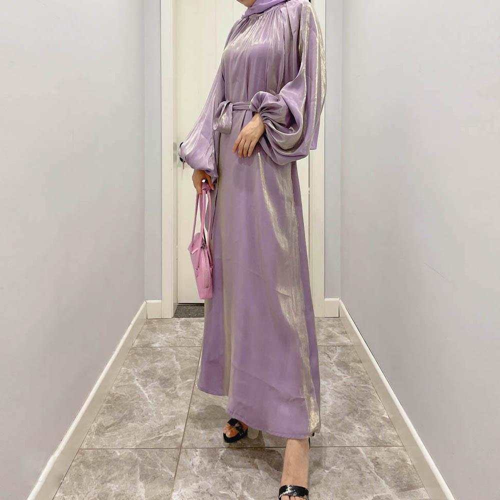 Damenkleidung, einfarbig, große Laternenärmel, helle Seide, lange Ärmel, Stehkragen, Rückenbindung, muslimisches Kleid, 6 Farben