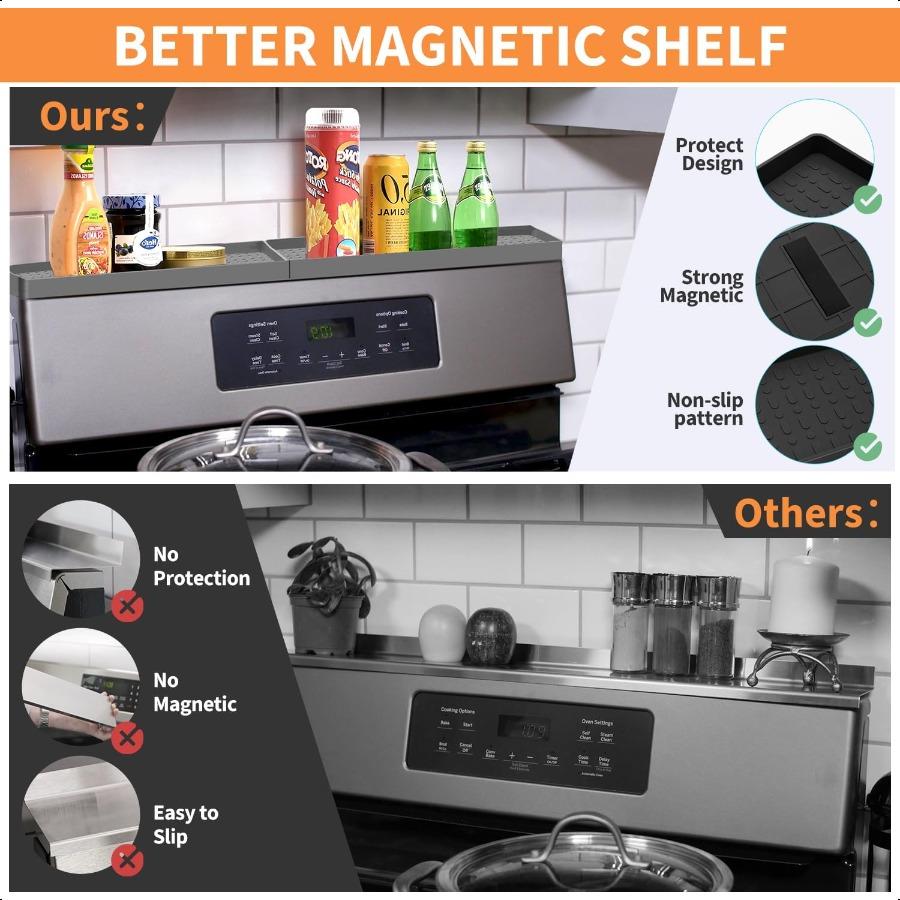30" Magnetic Stove Top Shelf Spice Rack Storage Silicone Top Heat Material Stove Rack Shelf Flexible Seasoning Organizer Kitche