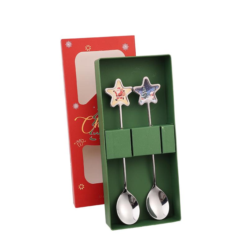 2/6PCS Christmas Stir Spoon And Golden Dessert Fork Set With Five Star Tree Design For Christmas Eve Party Gift Tableware