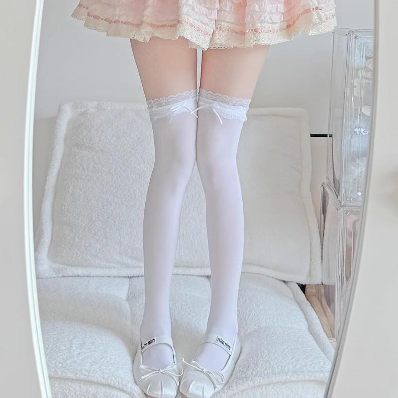 Japanese Lace Over-the-Knee Lolita Ballet Style Thigh-High Socks with White Bow for Women