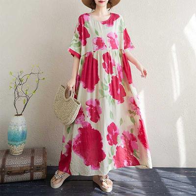 Thin Cotton and Linen Round Neck Short Sleeved Simple Long Skirt for Long Women