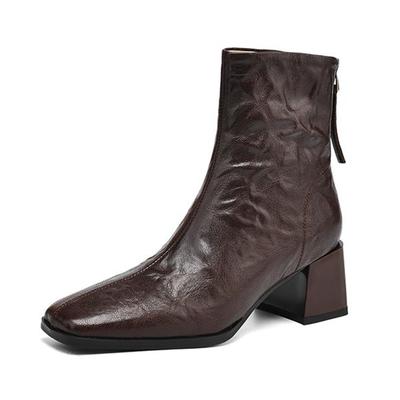 Sheep Skin Winter Thick Med Heels Square Toe Motorcycle Boots Women Zipper Ankle Boots