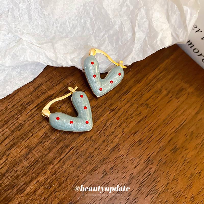 "2024 Silver Needle Heart Earrings: Red & Blue Polka Dot, Cute & Chic Style for Everyday Wear"