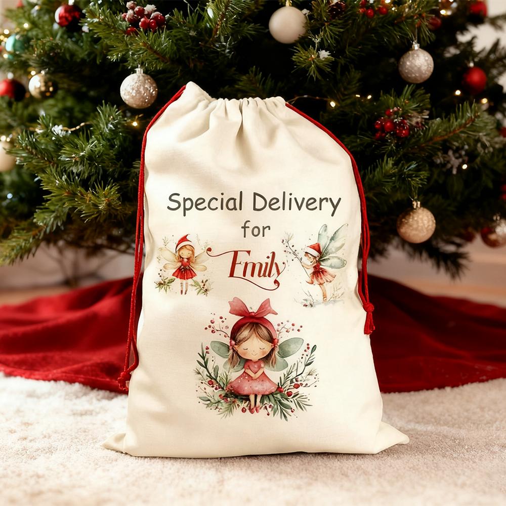 Personalized Linen Santa Fairy Sack Santa Sack Magical Fairy Christmas Stocking Merry Xmas Eve Holiday Baby Shower New Year Gift