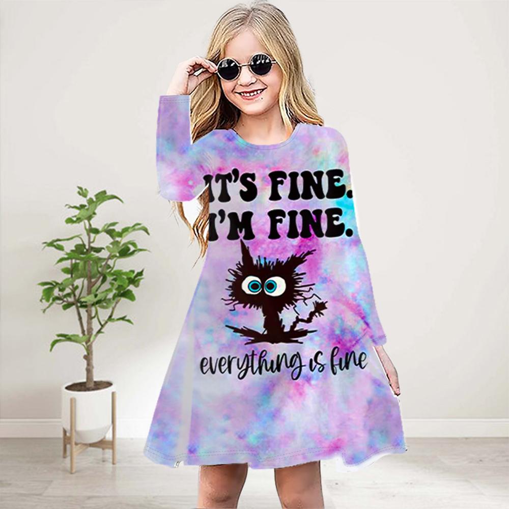 Girl Casual 3D Print Pink Letter Cat Round Neck Long Sleeve Dress Kid Princess Dress