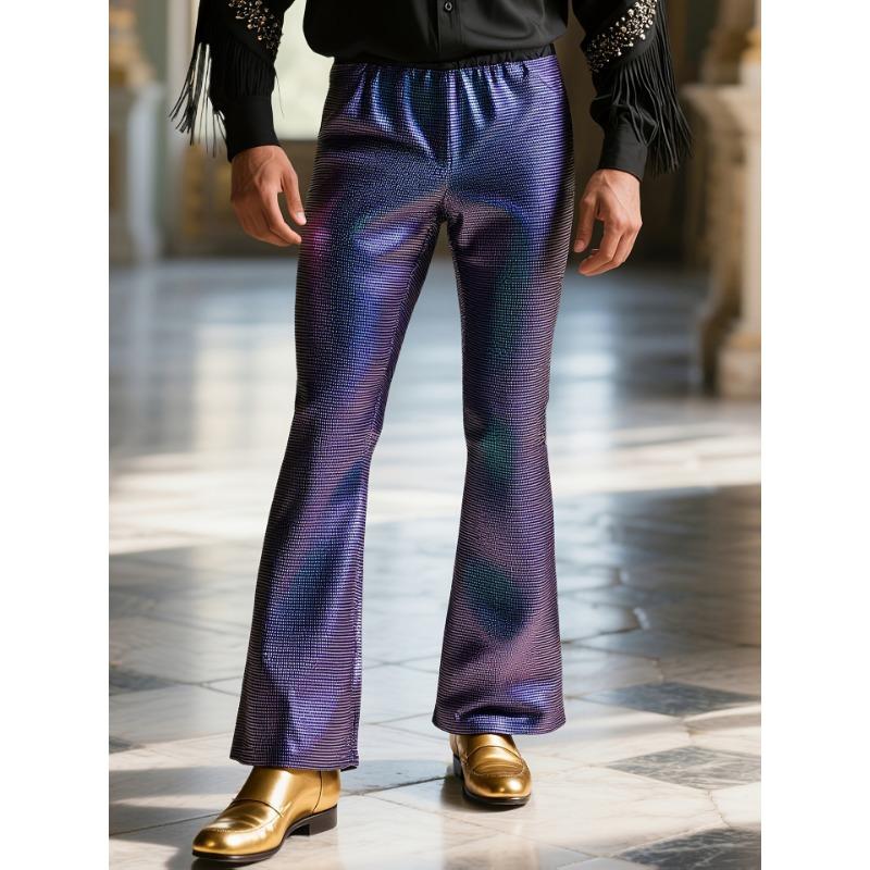 Heren Metallic Zilveren Flare Broeken Glanzende Grid Print Elastische Taille Bell Bottom Broeken