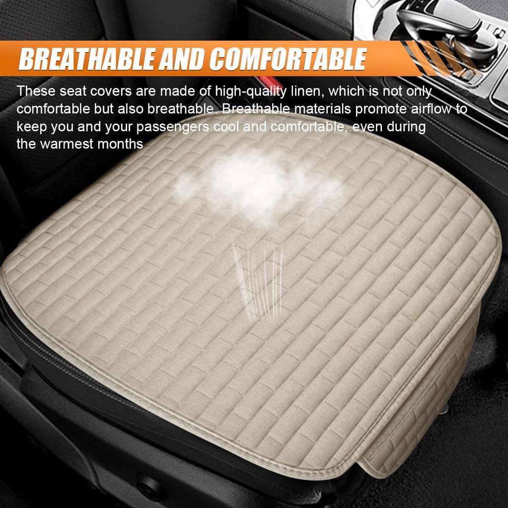 Car Front Seat Cover, Breathable Linen Automotive Seats Cushion, Anti-Slip Vehicle Seat Pad With Storage Pocket, Universal Auto Seats Protection Mat