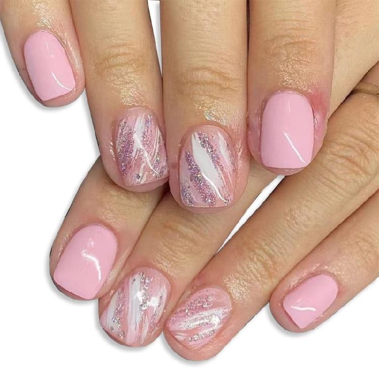 

24x Solid Color Full Cover False Nail Irregular Lines Press On Nail Short Square Stick On Nail Acrylic Nail 1