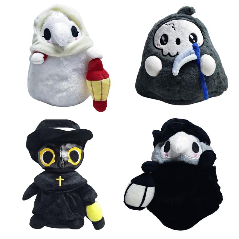 Black Gothic Character Plush Doll With Wide Brim Hat Golden Cross Robe And Yellow Eye Detail Soft Stuffed Figure For Halloween