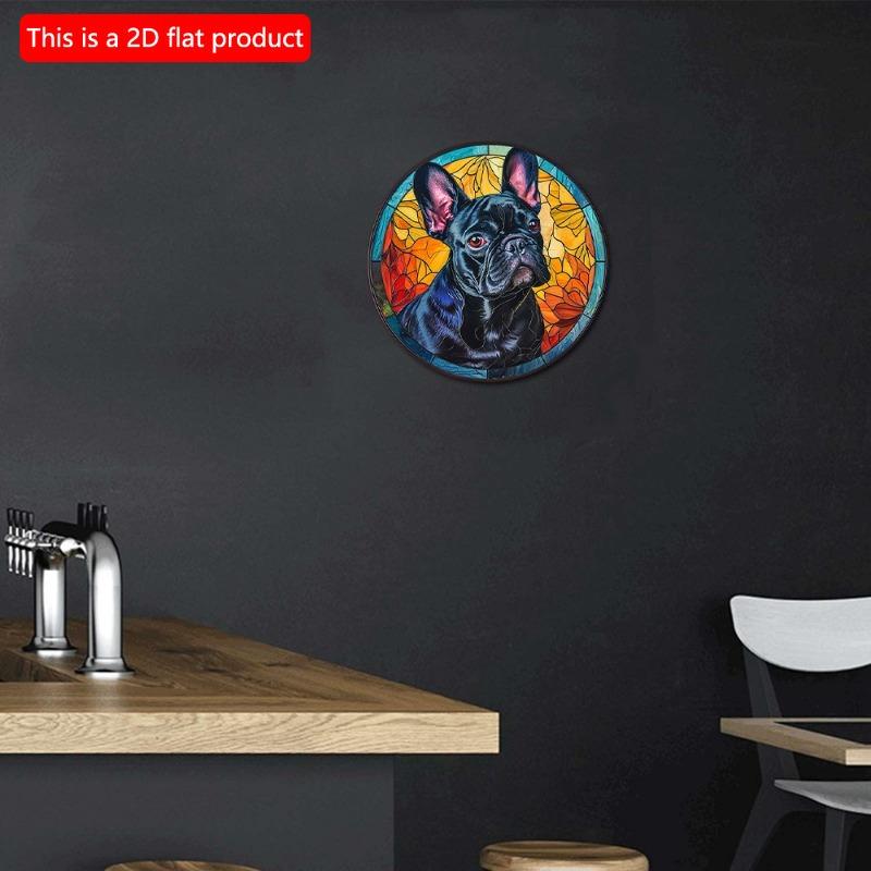2d Flat 20*20cm, Dog Round Wooden Sign, Animal French Bulldog Wreath Sign, Round Wreath Sign, for Home, Kitchen, Garden, Bedroom, Bar Decoration.