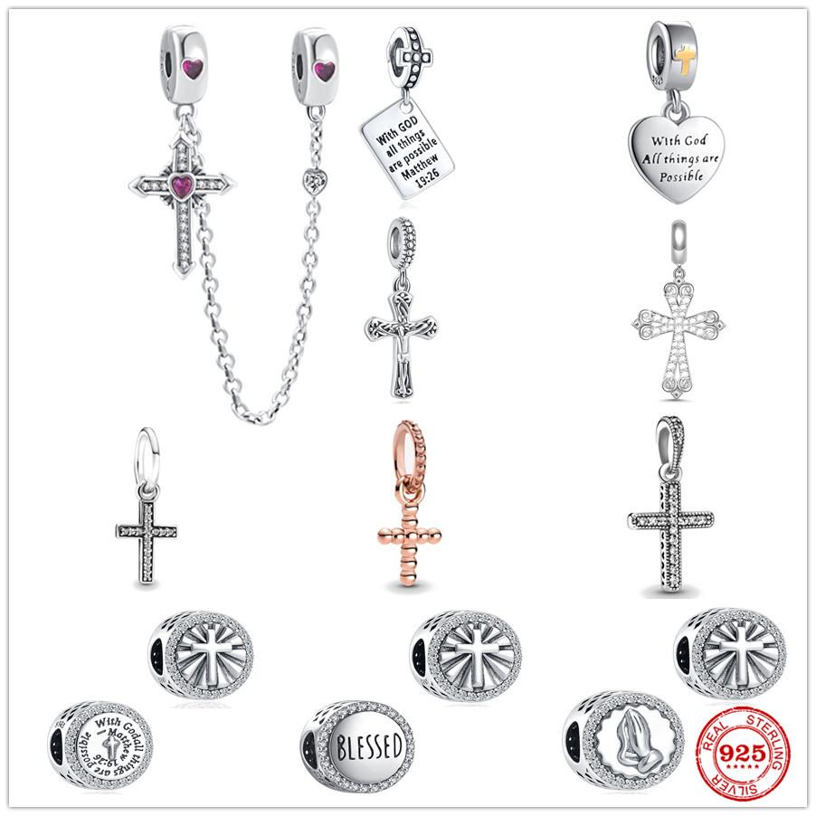 925 Silver Sparkling Cross Safety Chain Dangle Charm Buddha statue Goddess Bead Fit Original Bracelet DIY Jewelry For Women Gift