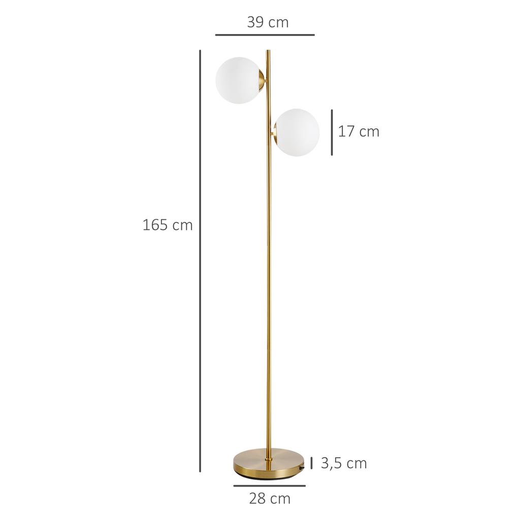Living Room Floor Lamp with 2-Piece Glass Lampshade, Floor Lamp Standing Lamp with 2 E27 Sockets for Living Room Bedroom, Excl. Light Bulb