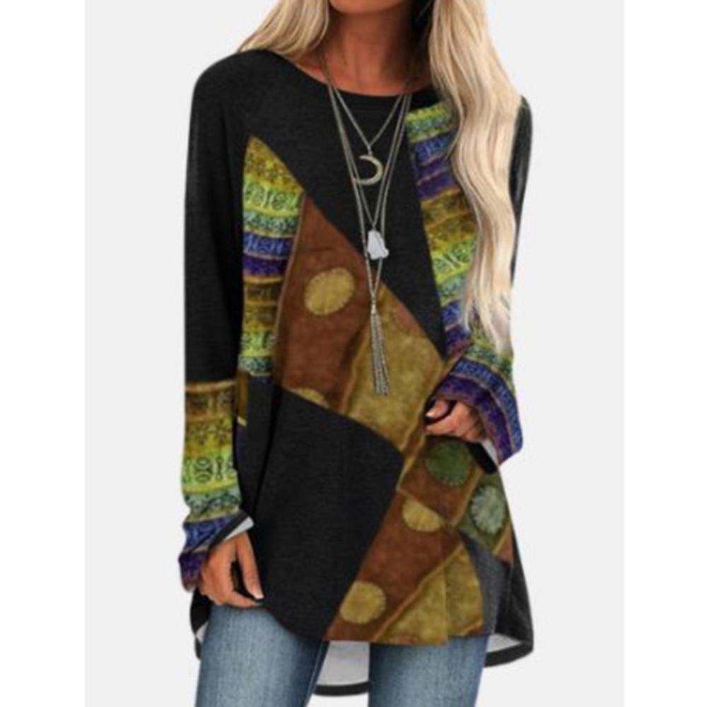 Camisetas de Primavera y Otoño de Cuello Redondo con Parches 3D Estampadas Camisetas de Moda Casual de Manga Larga para Mujer