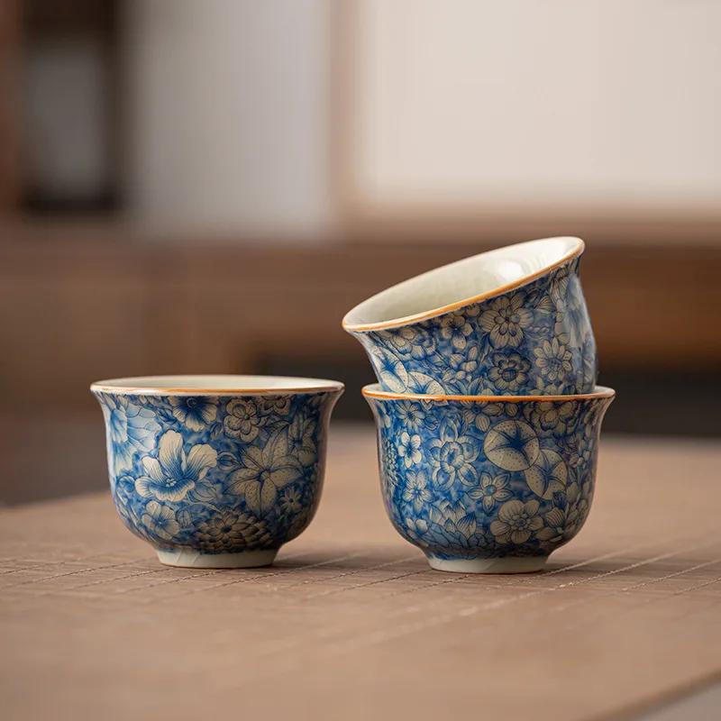 Ice Crack Ceramic Retro Style Buddhist Blue and White Tangled Pattern Master Cup Tea Set Accessories Porcelana Tea Cup