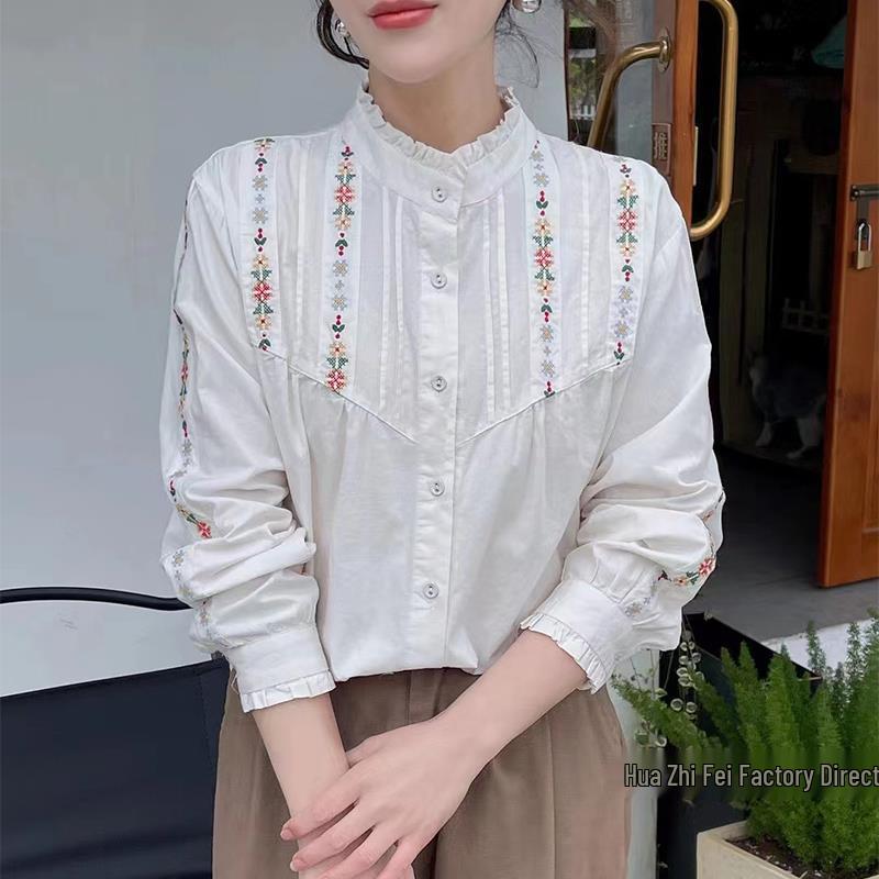 Early Autumn Women's Pastoral Mori Girl Style Embroidered Loose Long Sleeve Flower Bud Collar Top