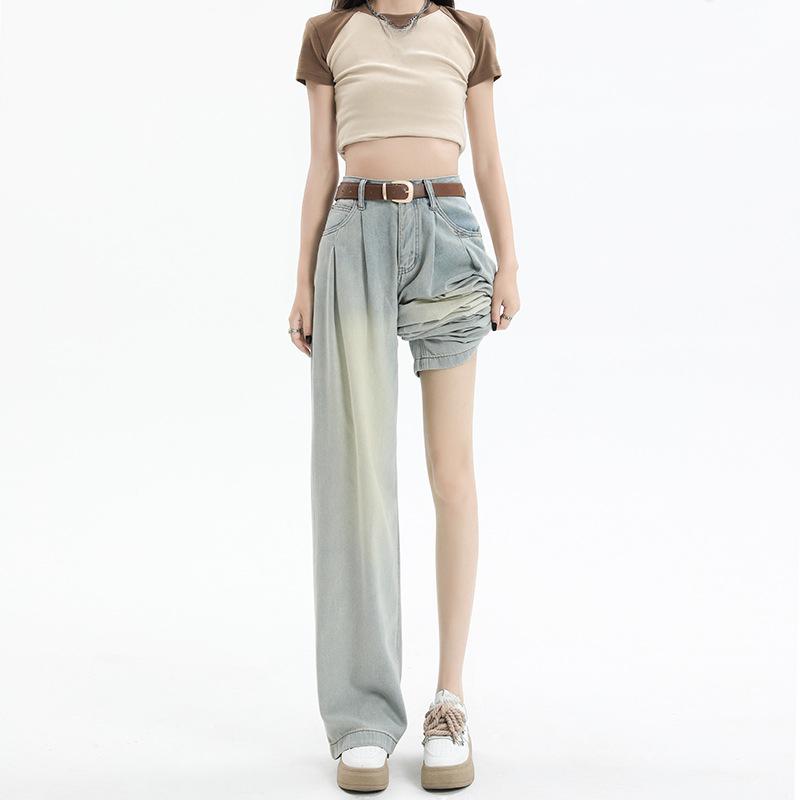 Women Harajuku High Waist Straight Jeans Streetwear Fashion Casual Denim Pants Women Wide Leg Solid Color Jeans