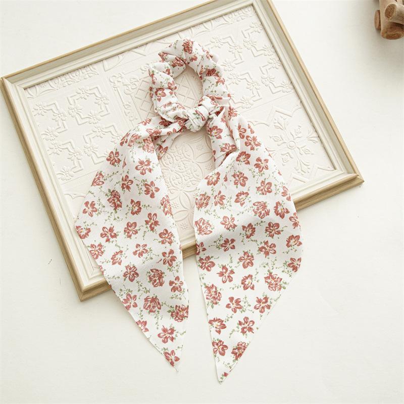 Summer Silk Scarf with Floral Pattern, Small and Fresh Hair Band, Big Hair Ring, Women's Hair Tie, Butterfly Knot, Flowing Ribbon