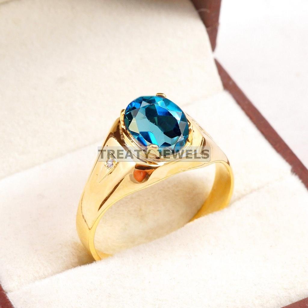 Anello da Uomo in Argento Sterling 925 Placcato Oro con Topazio Blu Londra Ovale #B231 JL375675983952