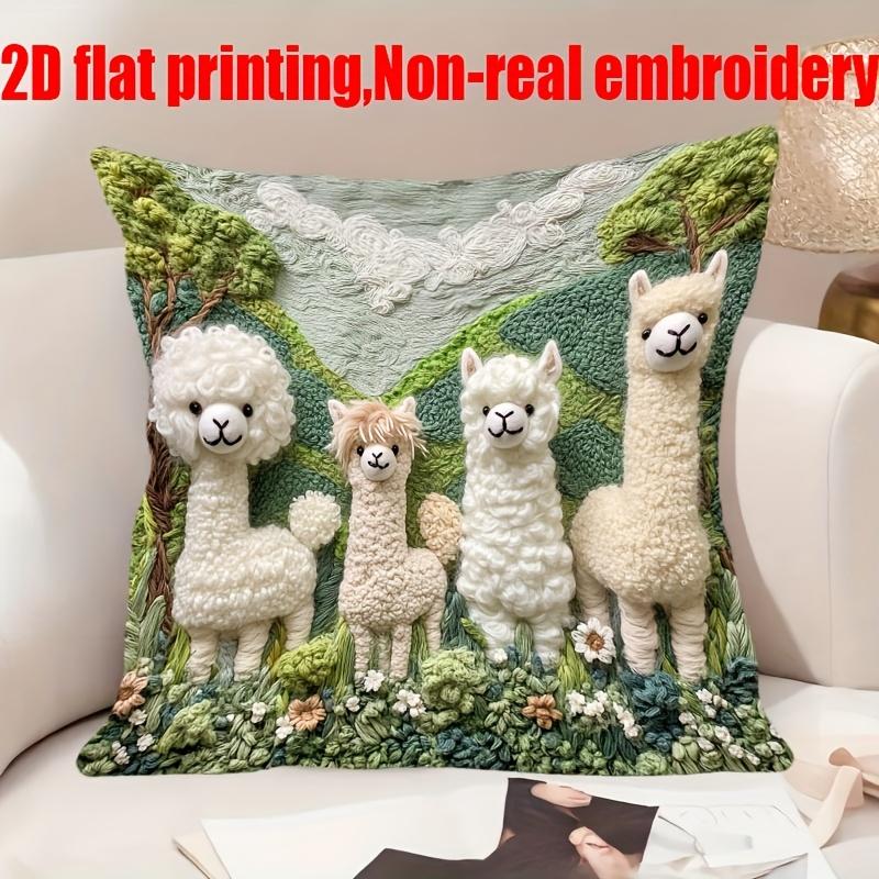 Cute Alpaca Family Pillow Cover 2D Faux Embroidery Print Cushion Case Kids Nursery Home Decor Gift