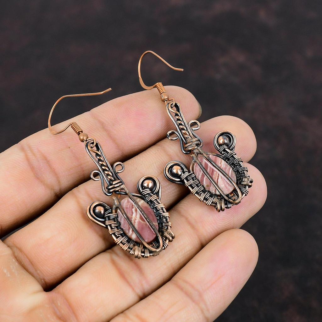 Rhodochrosite Earring Copper Wire Wrapped Earrings Gemstone Copper Jewelry Handmade Earring Unique Style Earring For Gift Wire Wrap Jewelry
