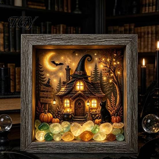 DIY Memory Box Display Lighted Halloween Ghost Shadow Kit, Wooden Frame LED Warm Light, Gothic Decorative Lamp with Crystal Glass Panel, Night