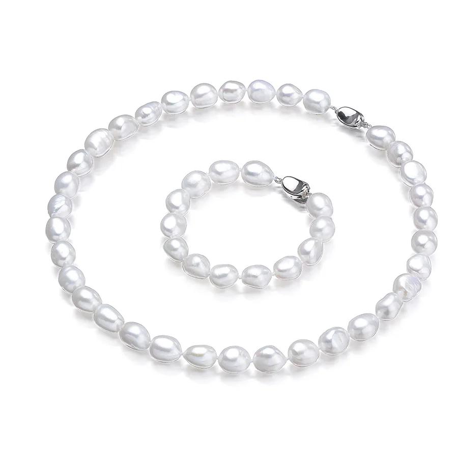 HENGSHENG Real White Natural Baroque Pearl Necklace&Bracelet Jewelry Sets 7-8mm Freshwater pearl Jewelry For Women Gift New. 45cm&Silver белый