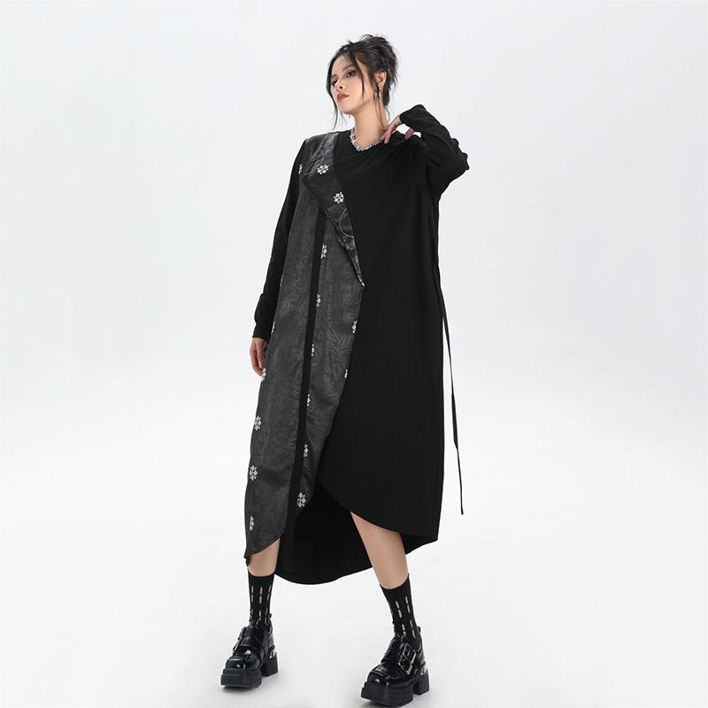 Xitao Vintage Embroidery Patchwork PU Fake Two Piece Dress Women GJ1229