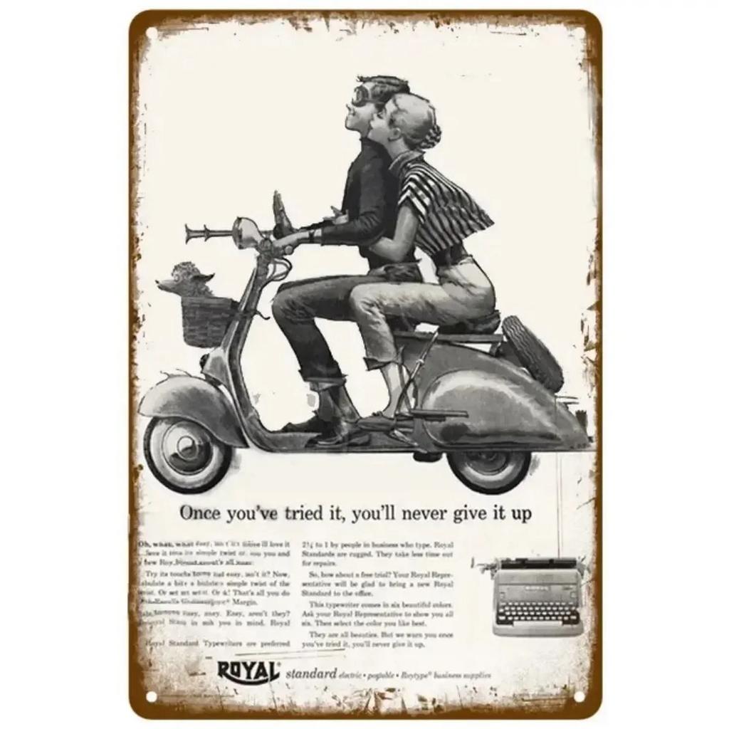 Vespa Motocykl Vintage Kovový Značka" – Retro Umělecká Deska se Skútr Estetikou; Nástěnná dekorace pro domov, kavárnu, zahradu, klub, bar