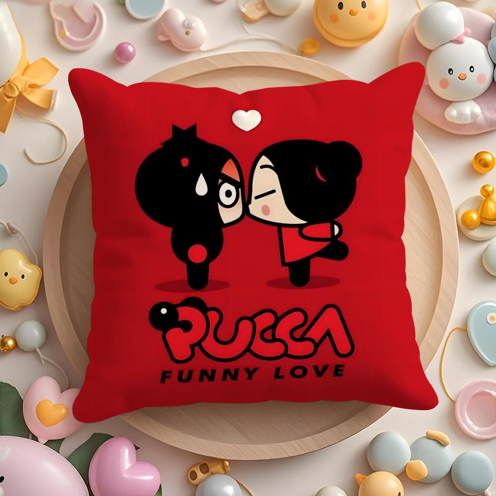 Kawaii P-Pucca Anime Cushion Cover Plush Fabric Soft Double-Sided Printed Sofa Pillow Case Colorfast Home Decor Gift