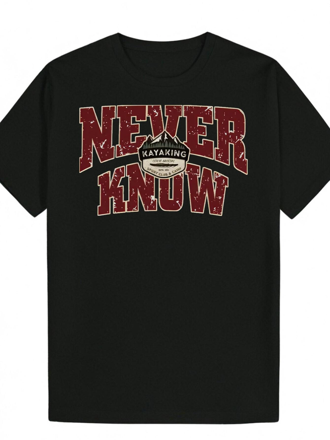 

Short Sleeve T-shirt - Black with Distressed Red NEVER KNOW Lettering & Kayaking Graphic XXL
