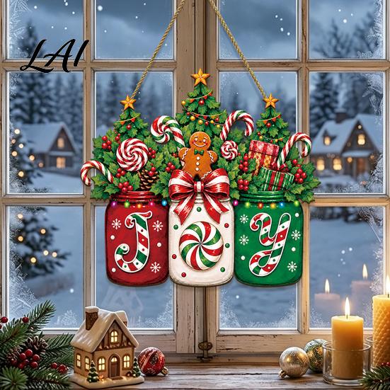 Candy Cane Holiday Sign Christmas Door Joy Hanging Wooden Sign Gingerbread Wreath Mason Decorative Wood Board for Windows Jar Welcome Front