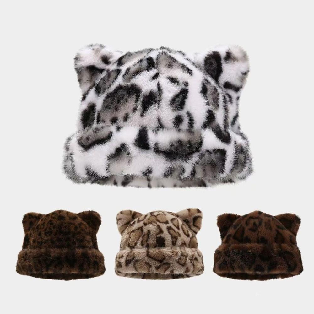Soft Plush Bear Hat Imitation Mink Fur Pullover Cap Personality Leopard Ear Beanie  Girls