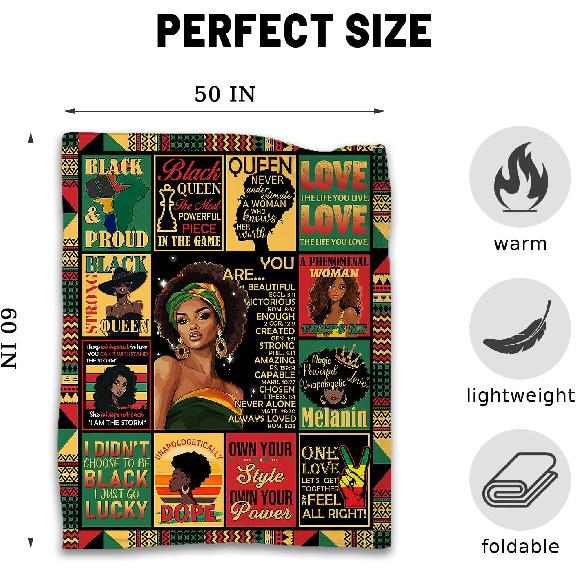 African American Gifts for Women, Afro Black Girl Blanket 50"x60", African American Throw Blanket with Inspiring Positive Quotes, Christmas Birthday