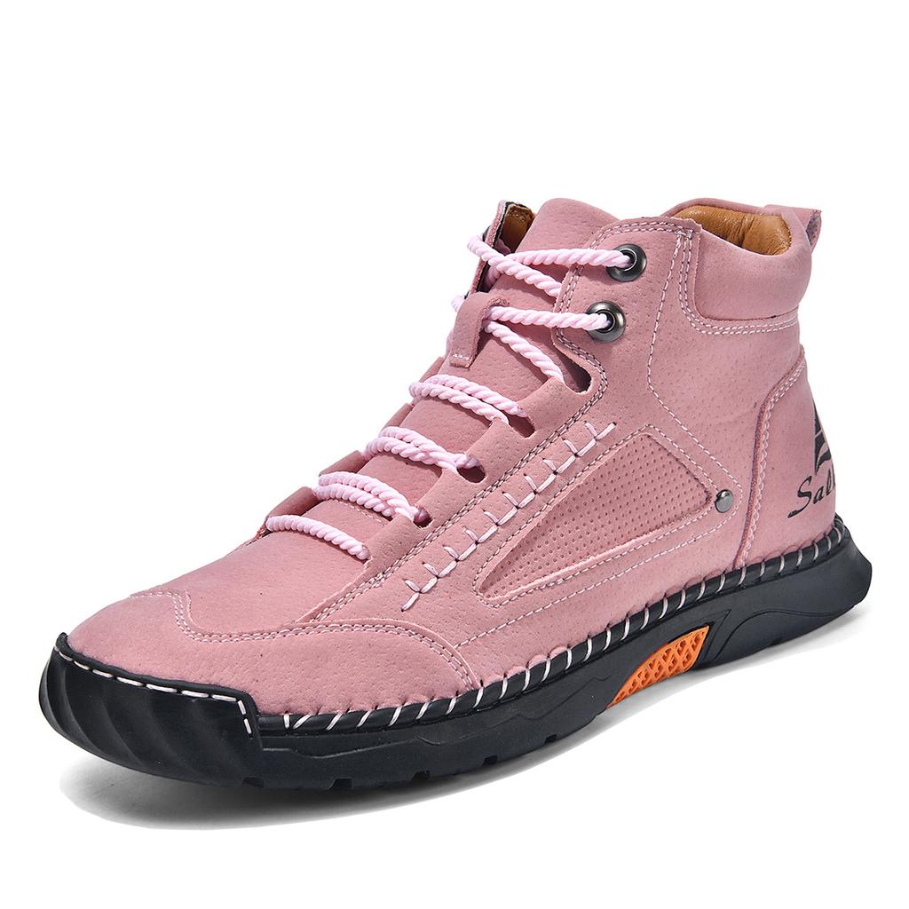 Large-size men's high-top leather boots Hand-stitched ankle boots Flat-soled lace-up casual shoes