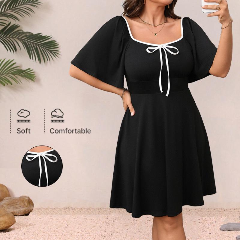 

2025 Plus Size Women s Slimming Loose Short Sleeve Square Neck Bow Long Dress 1XL