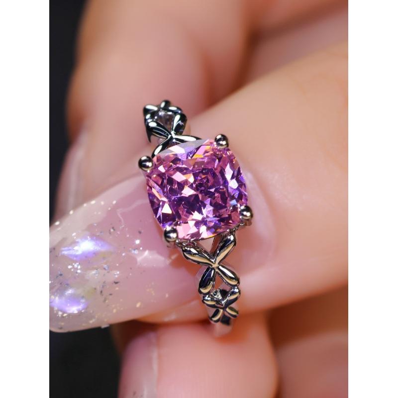 New popular niche premium zircon ring white gold pink square edge cross ring women no. 6
