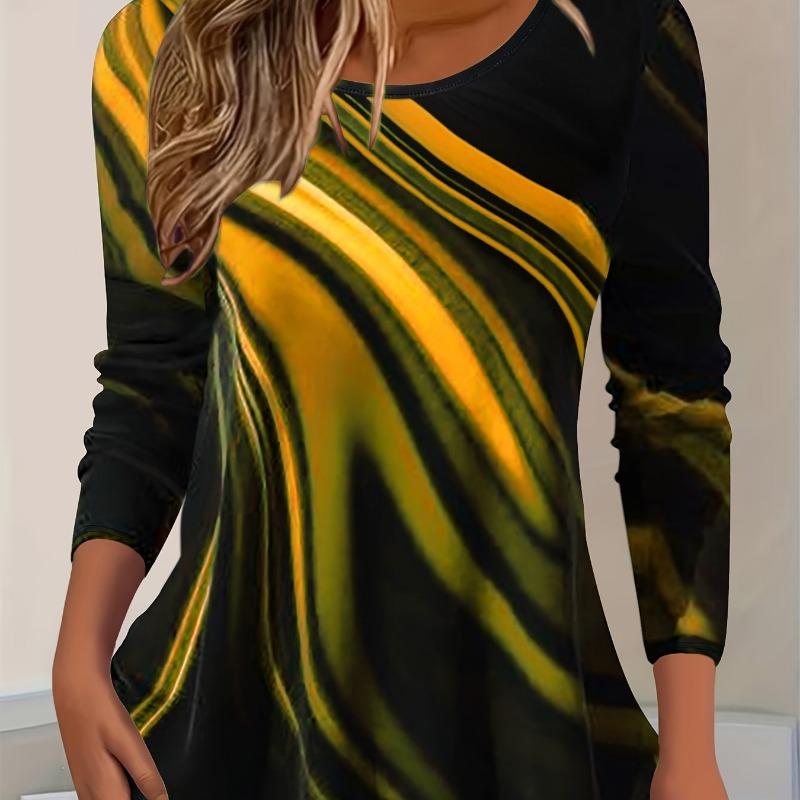 

[Повседневная футболка] Женская повседневная футболка с длинным рукавом свободного кроя | Принт омбре от синего к черному, средней эластичности, машинная стирка, топ для осени XL