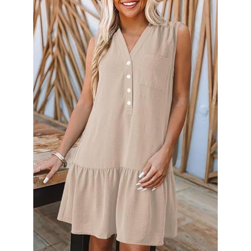 

YYFS Women s Fashion Summer Spring Solid Color Print Sleeveless POLO Neck Loose Waistline Casual Dresses XXL